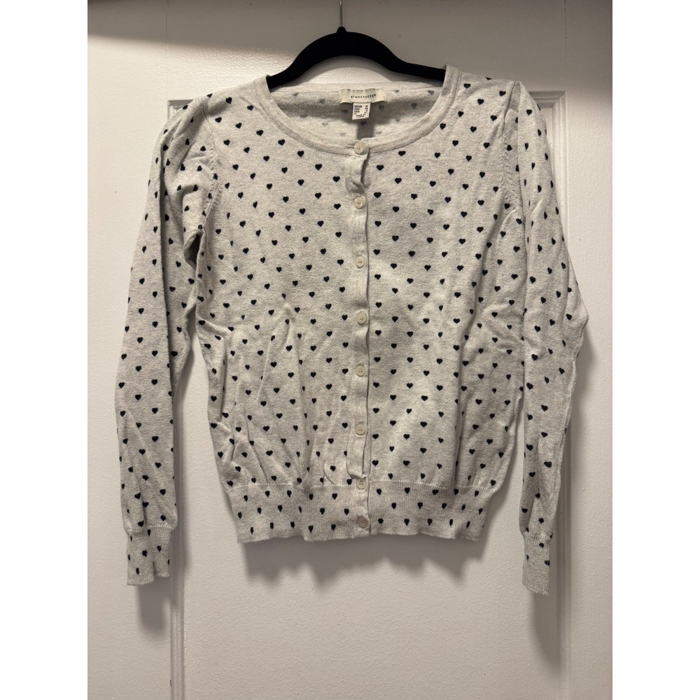 Atmosphere Womens Gray Heart Print Button Front Cardigan Sweater Size 6 Small
